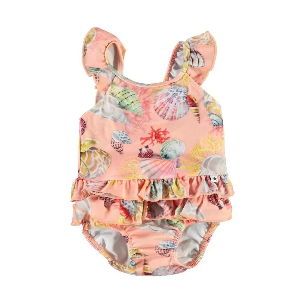 Molo Baby Girl Nakia Sea Treasure One Piece Swimsuit Orange Seashell Ruffle 3-6M
